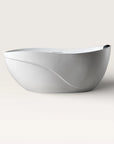 Front view of the Bellastone Soma freestanding bath in white with a black magnetic pillow