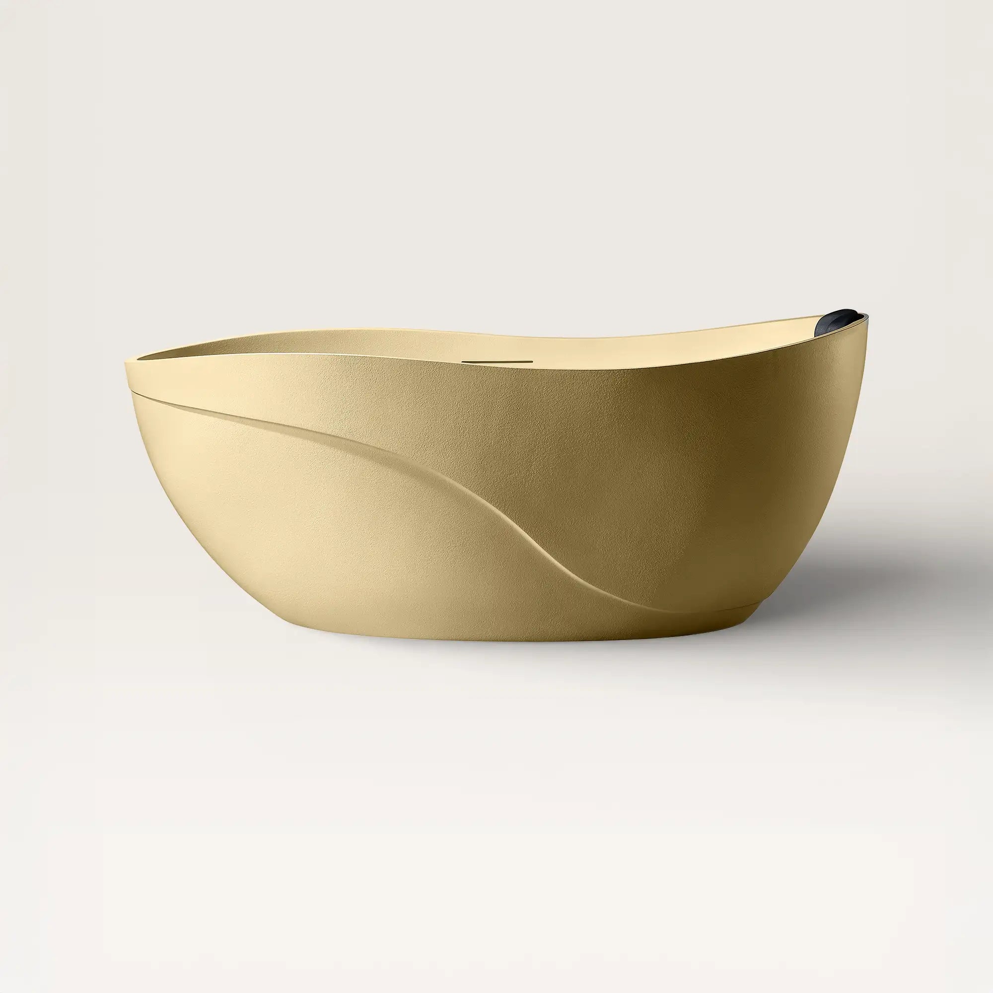 Front view of the Bellastone Soma freestanding bath in caramel with a black magnetic pillow