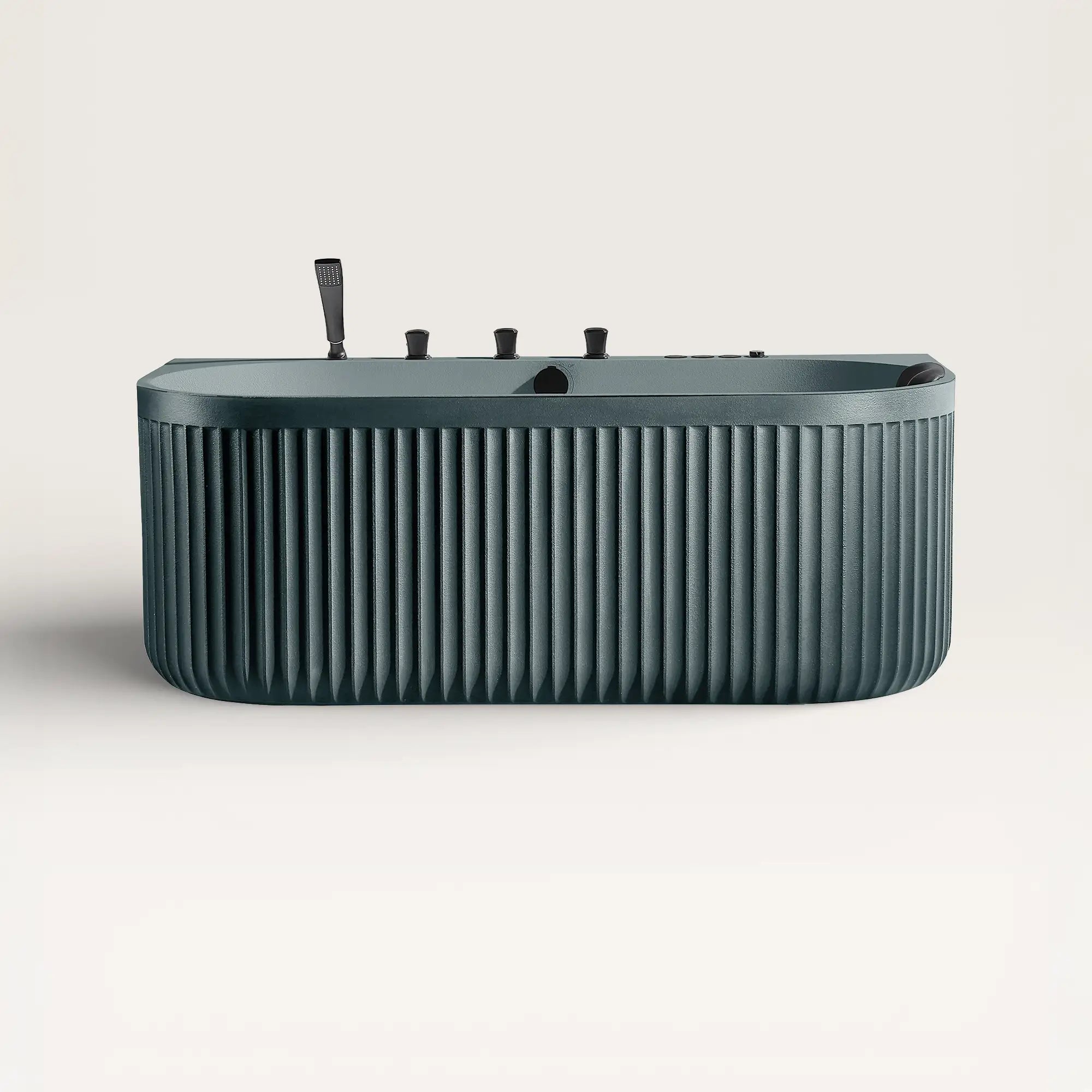 Front view of the Bellastone DORIA Spa Bath in blue-grey with black tap ware