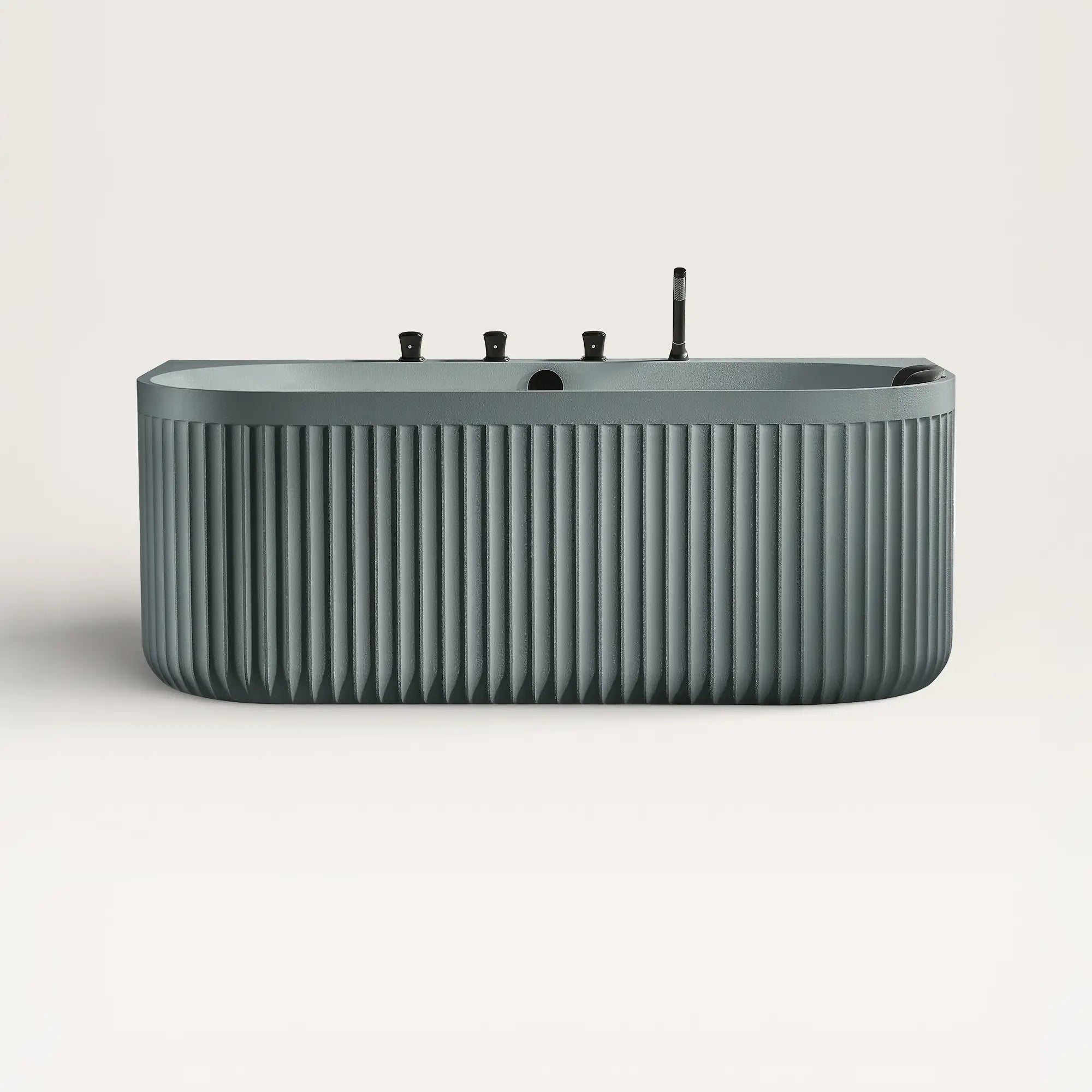 Front view of the Bellastone DORIA Back-to-Wall Bath with Faucet in blue-grey with black tap ware