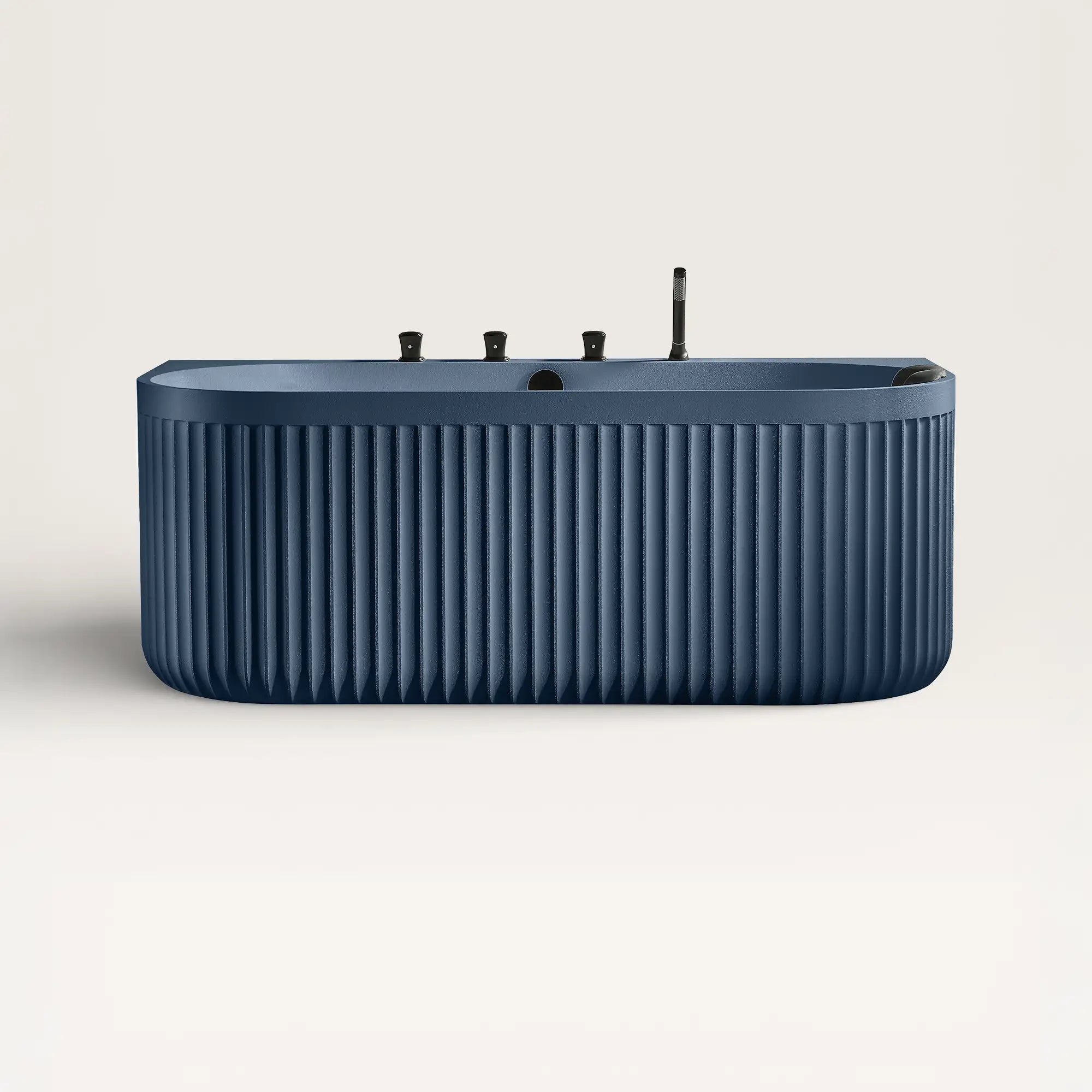 Front view of the Bellastone DORIA Back-to-Wall Bath with Faucet in prussian blue with black tap ware