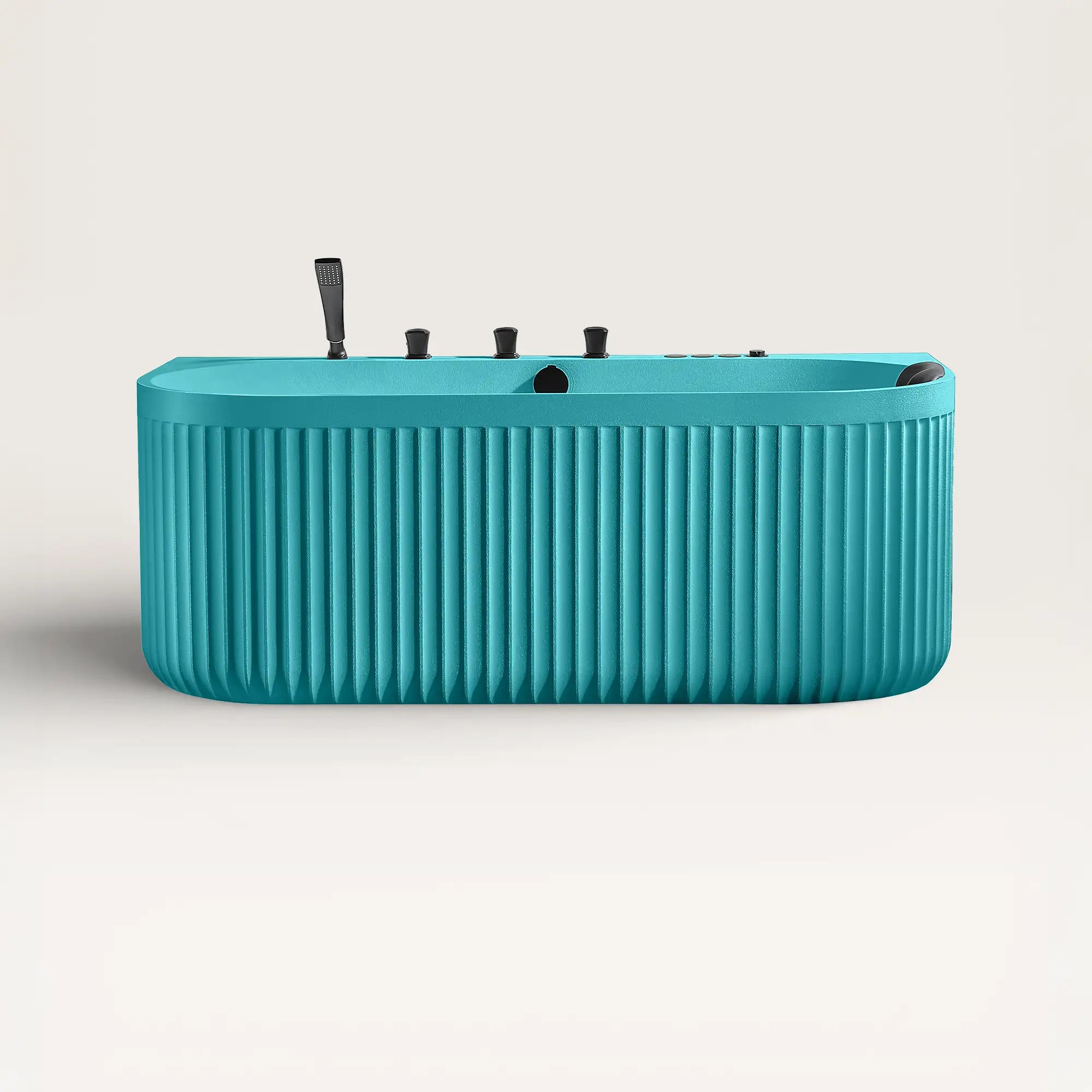 Front view of the Bellastone DORIA Spa Bath in celadon-blue with black tap ware