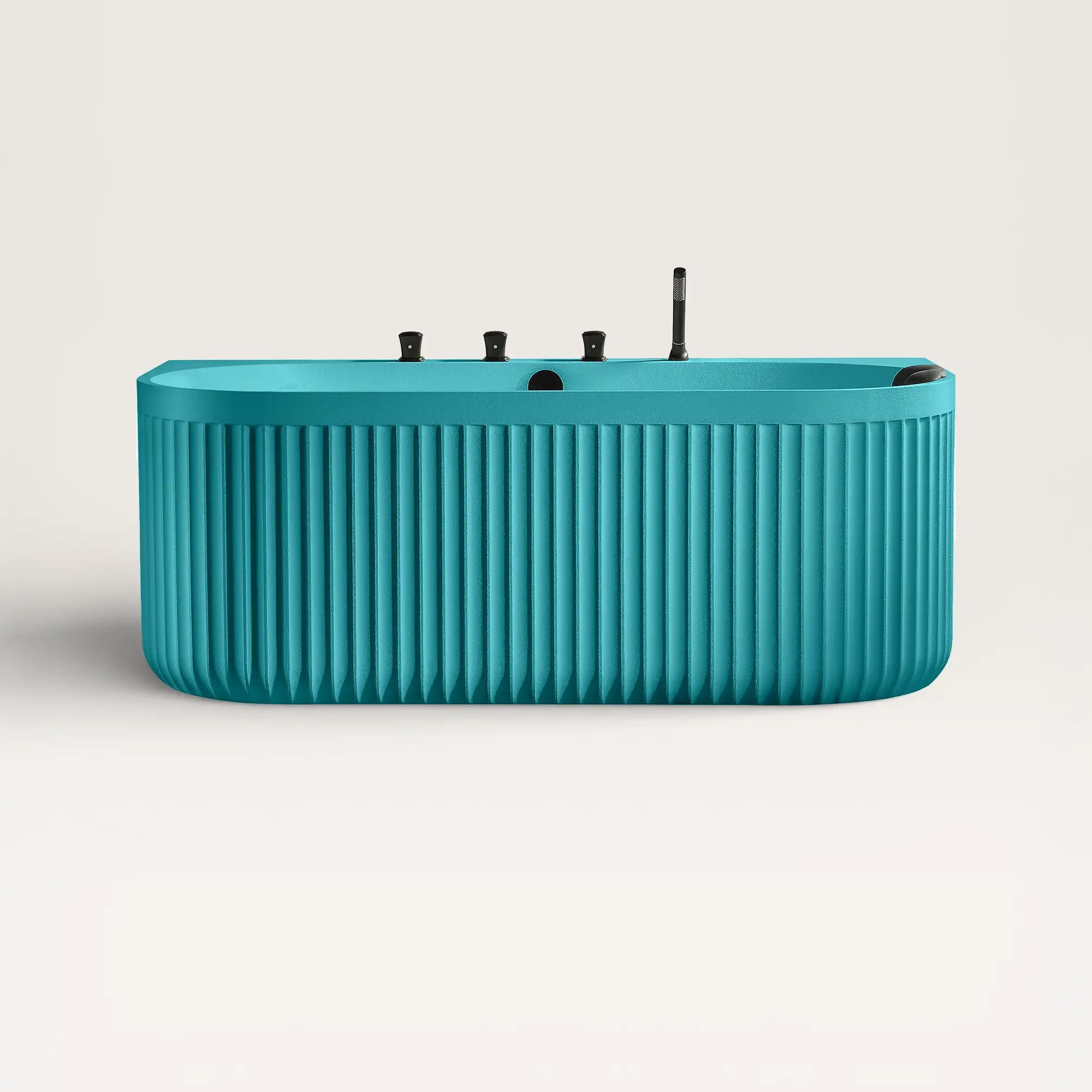 Front view of the Bellastone DORIA Back-to-Wall Bath with Faucet in celadon blue with black tap ware