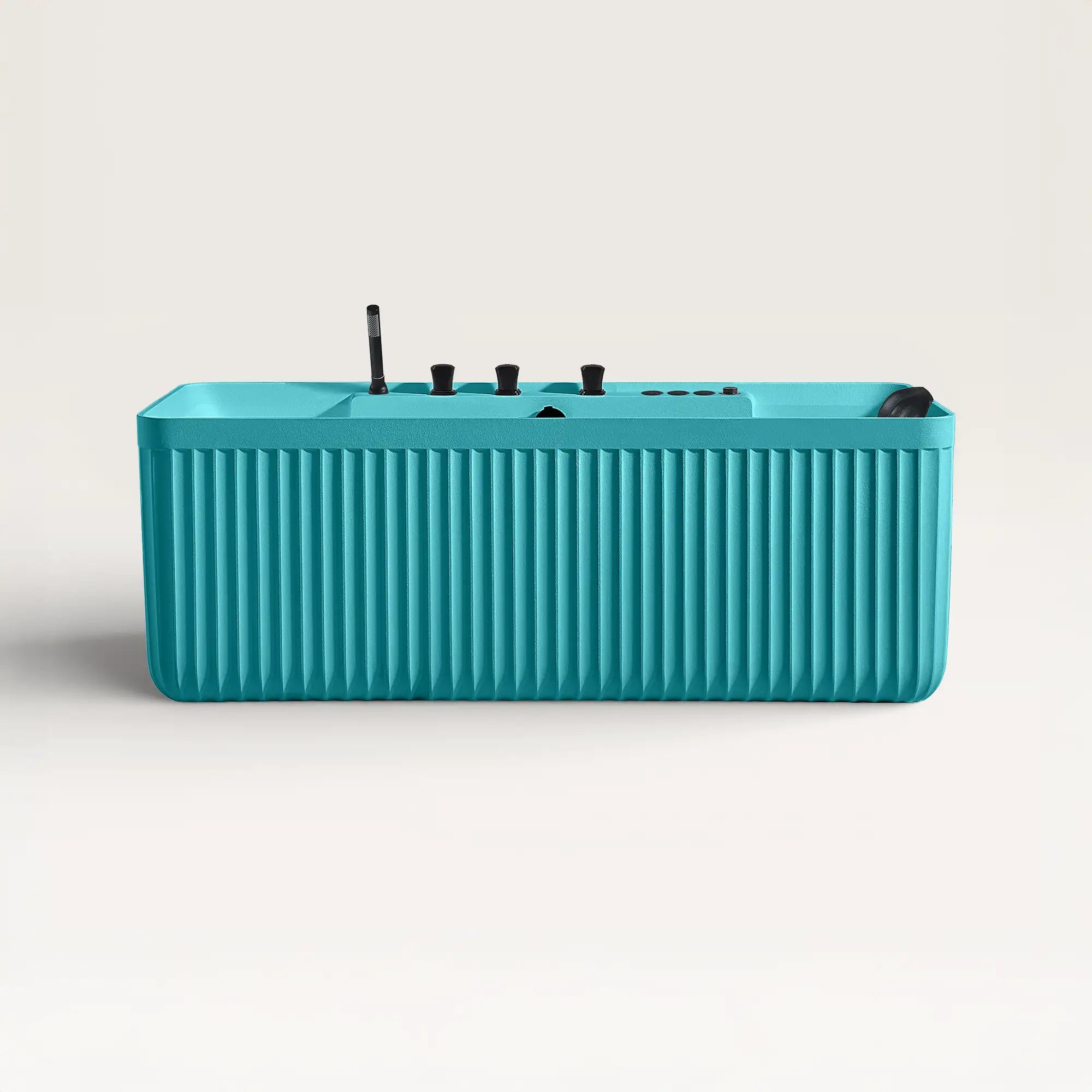 Front view of the Bellastone Kolpa Spa bath with black tap ware in celadon blue