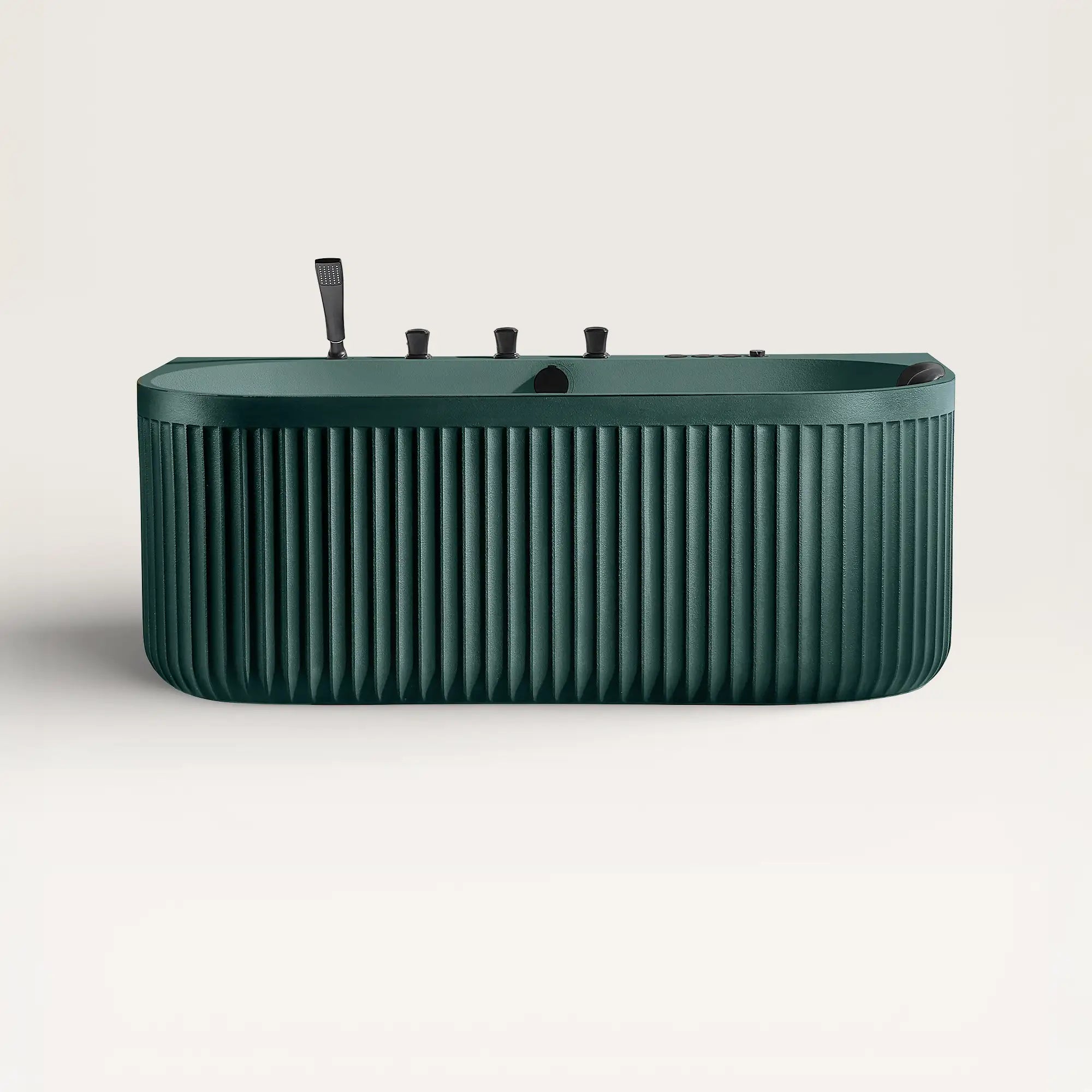 Front view of the Bellastone DORIA Spa Bath in green with black tap ware