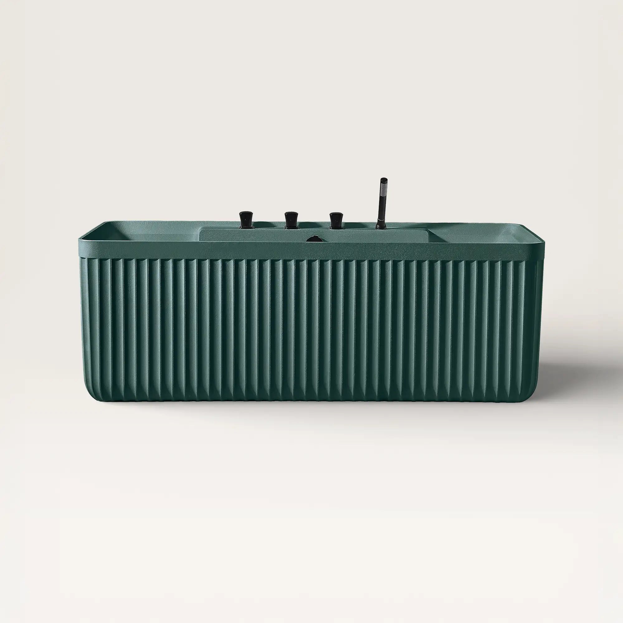 Front view of the Bellastone Kolpa back-to wall bath with black tap ware in green