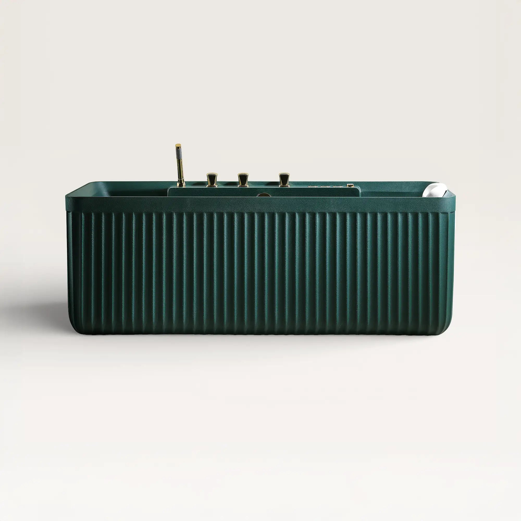 Front view of the Bellastone Kolpa Spa bath with gold tap ware in green