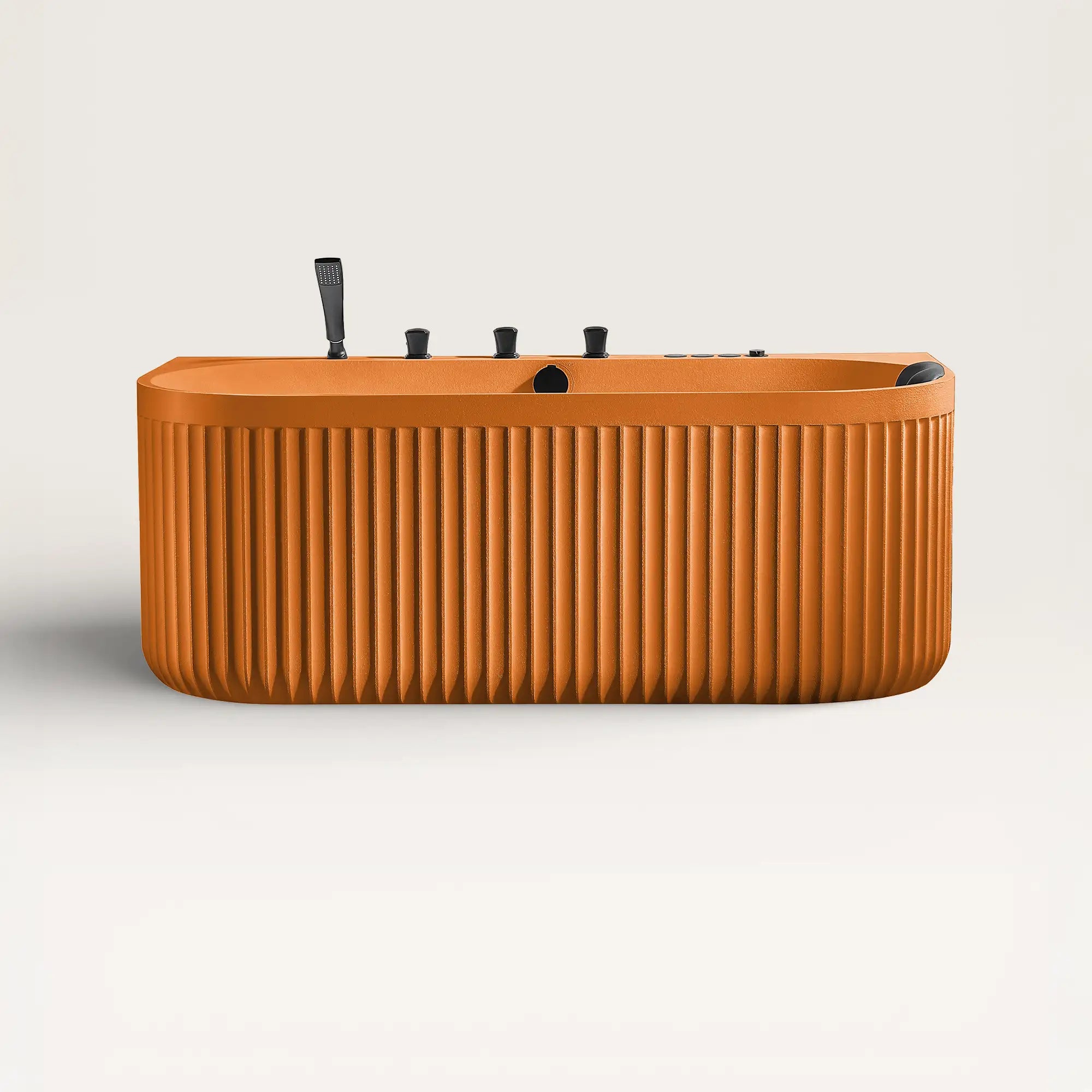 Front view of the Bellastone DORIA Spa Bath in orange with black tap ware