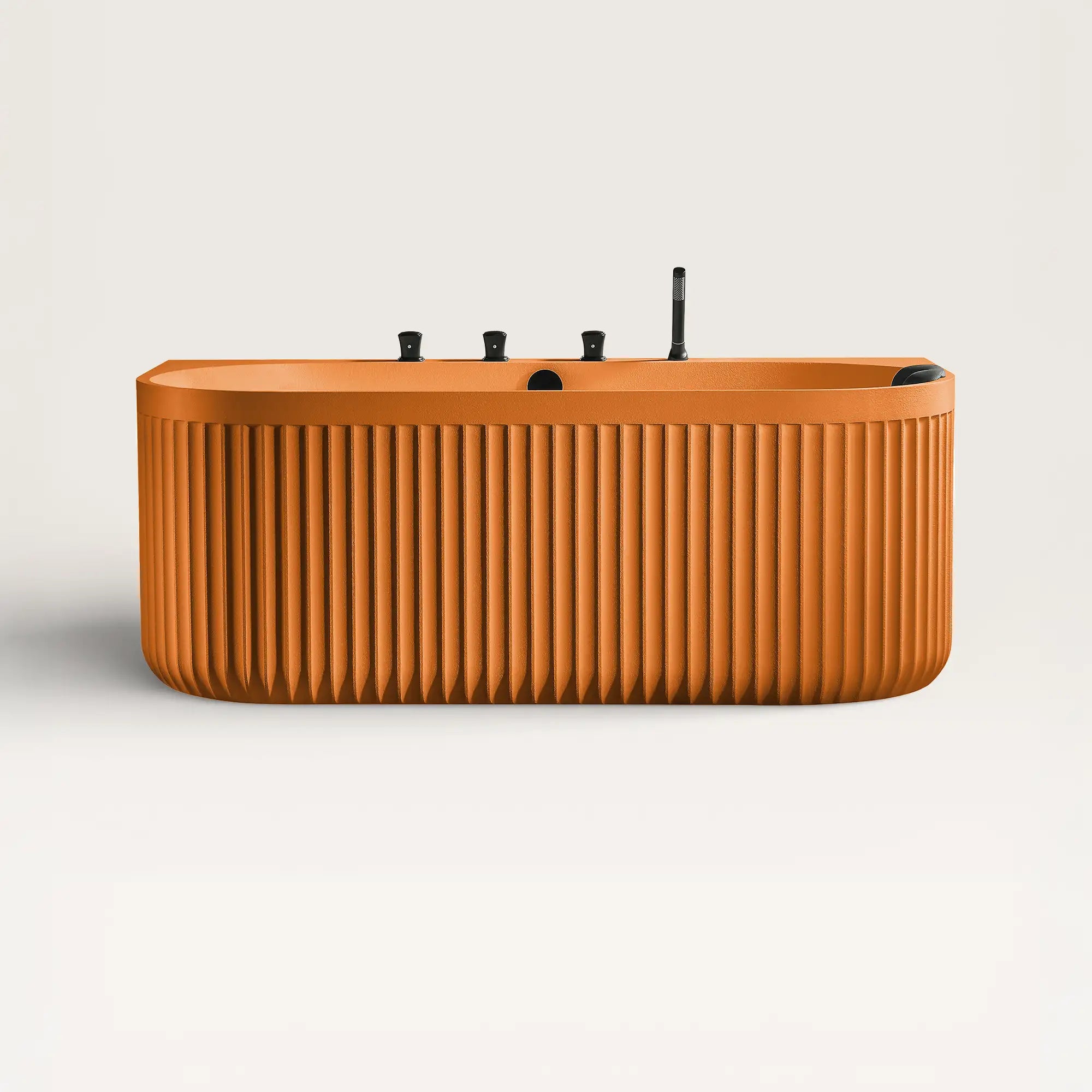 Front view of the Bellastone DORIA Back-to-Wall Bath with Faucet in orange with black tap ware