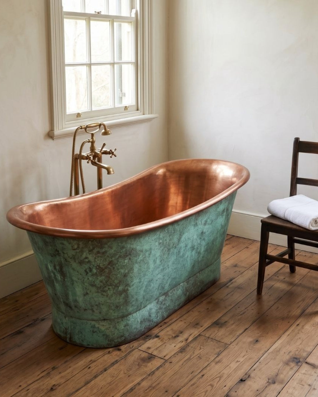 Antique Copper Bath in Vert-de-gris, side view interior house