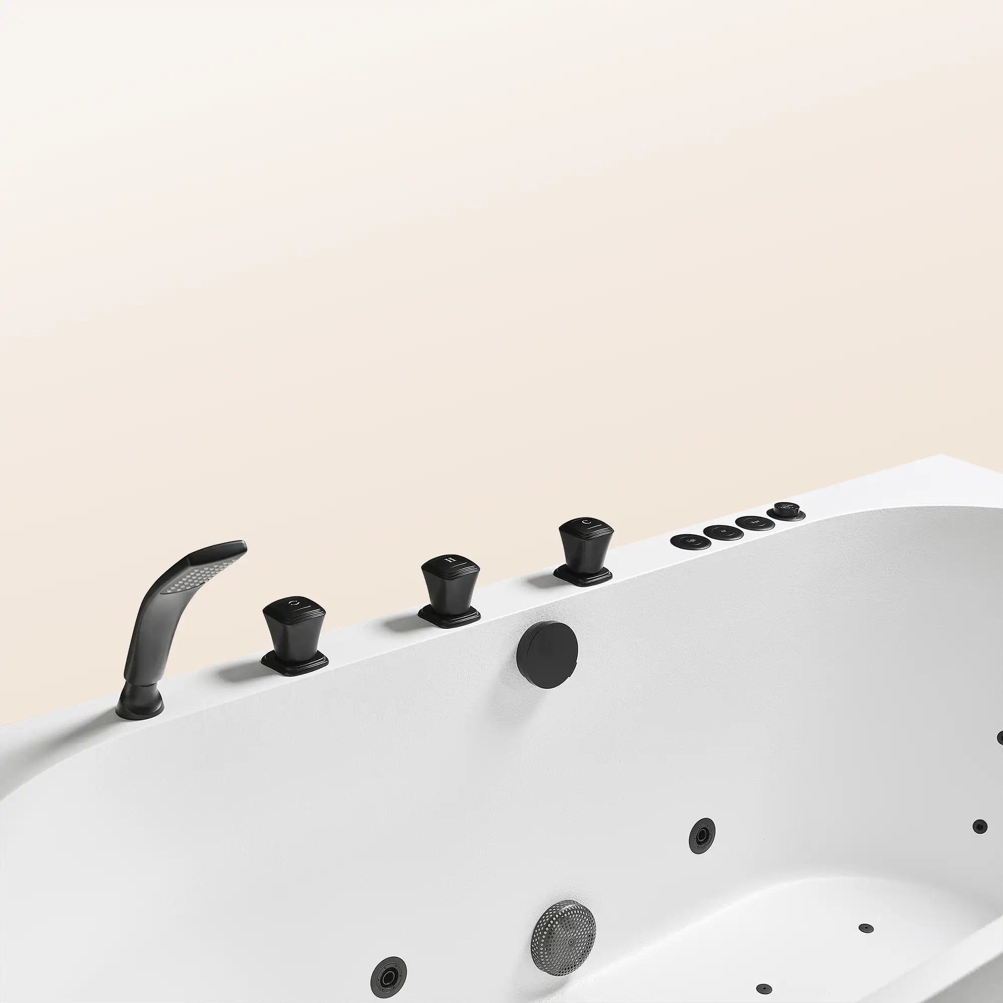 A top view of the Bellastone Doria spa bathtub in white with black tap ware, on a beige background