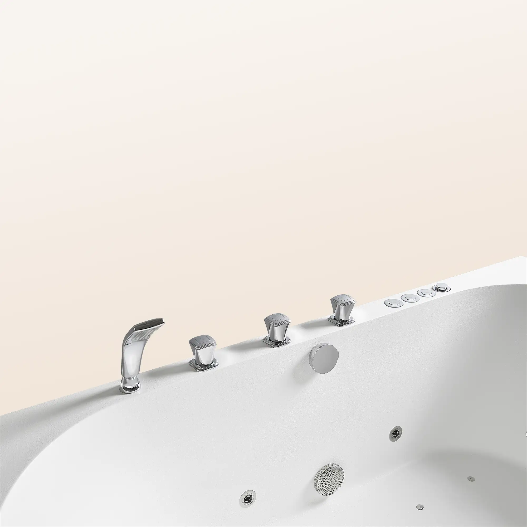 A top view of the Bellastone Doria spa bathtub in white with silver tap ware, on a beige background