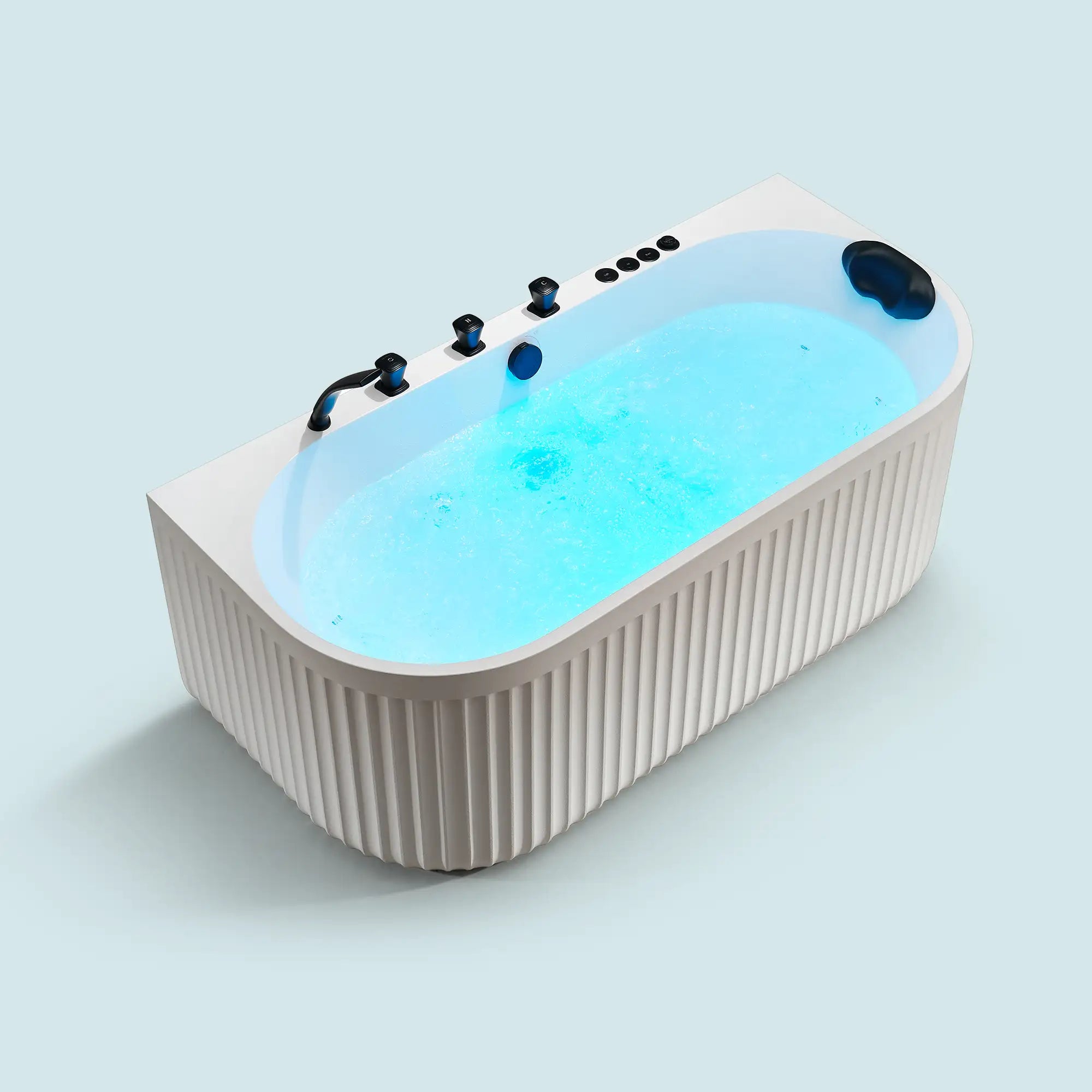 A top view of the Bellastone Doria spa bathtub in white with black tap ware, on a blue background