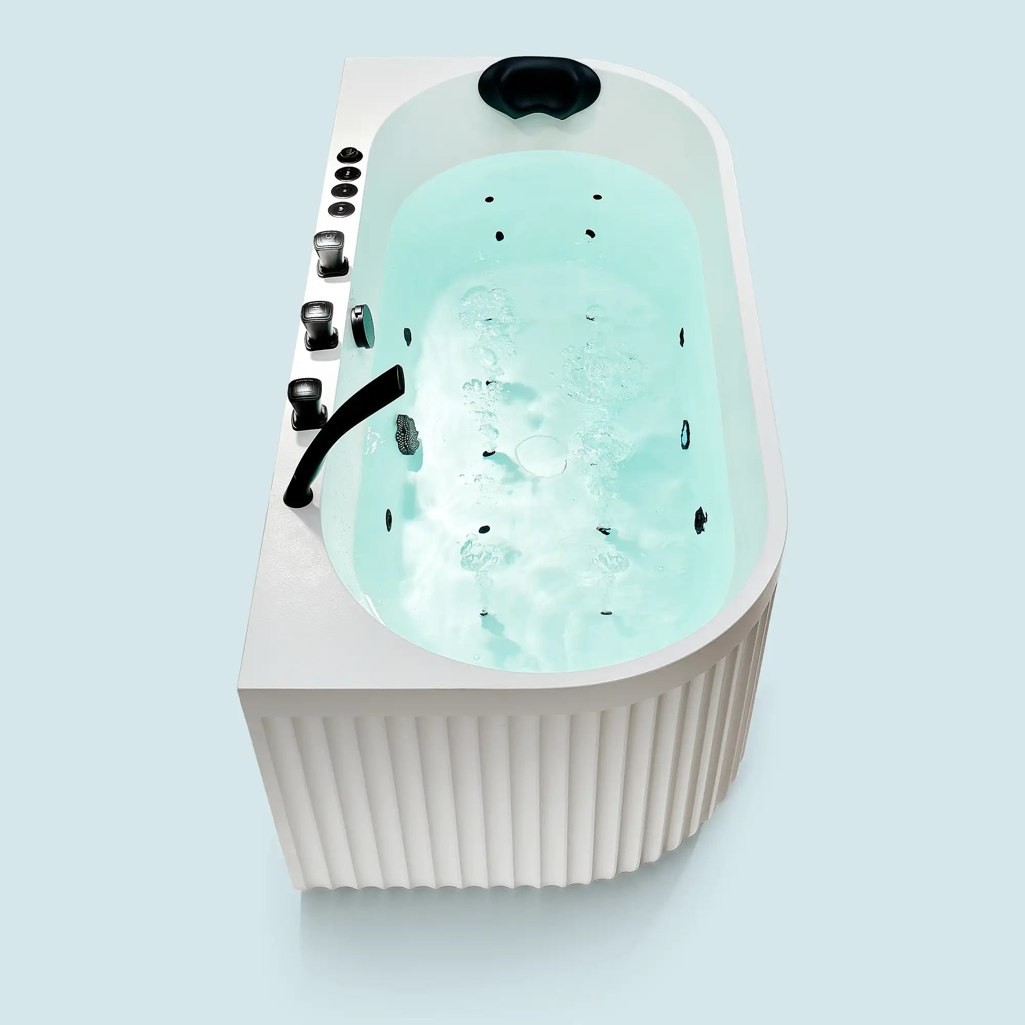 A top view of the Bellastone Doria spa bathtub in white with black tap ware, on a blue background