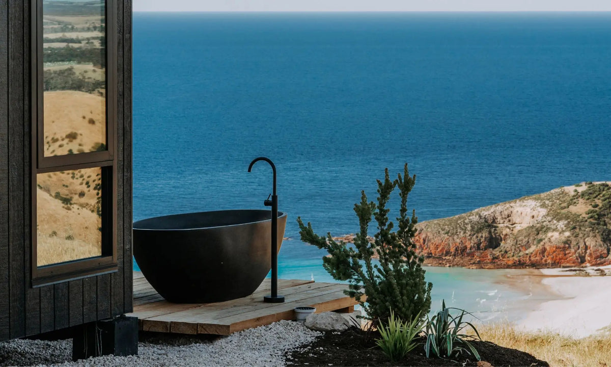 Titian 1700mm Freestanding Stone Composite Outdoor Bathtub in Dark Grey Terrazzo